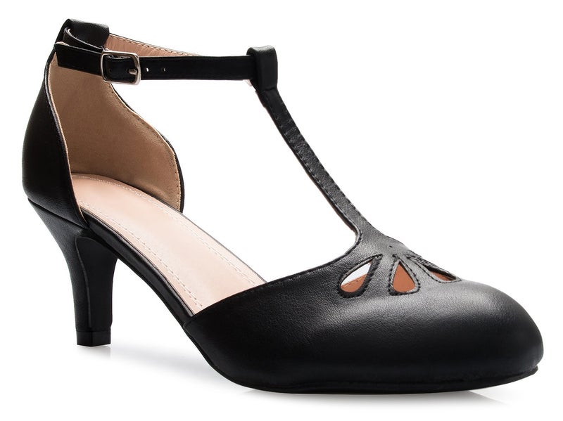 Olivia K Women's Kitten Low Heels T-Strap Pumps - Adorable Vintage Retro Shoes with T Strap - Unique Upper Cut Out Design - Image 1
